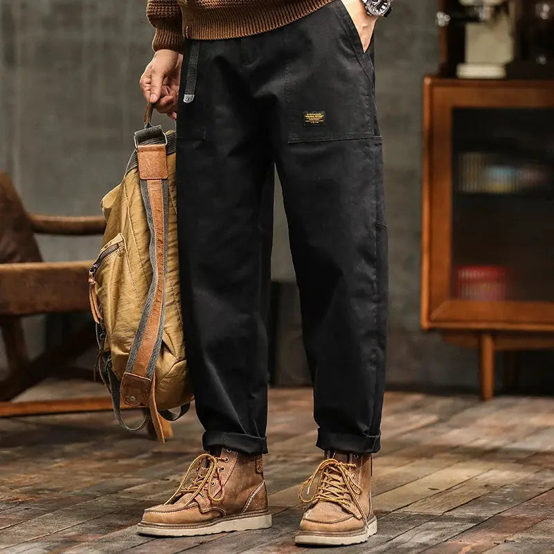 HIQOR men's cargo pants, black cotton, loose straight fit with belt and rolled cuffs