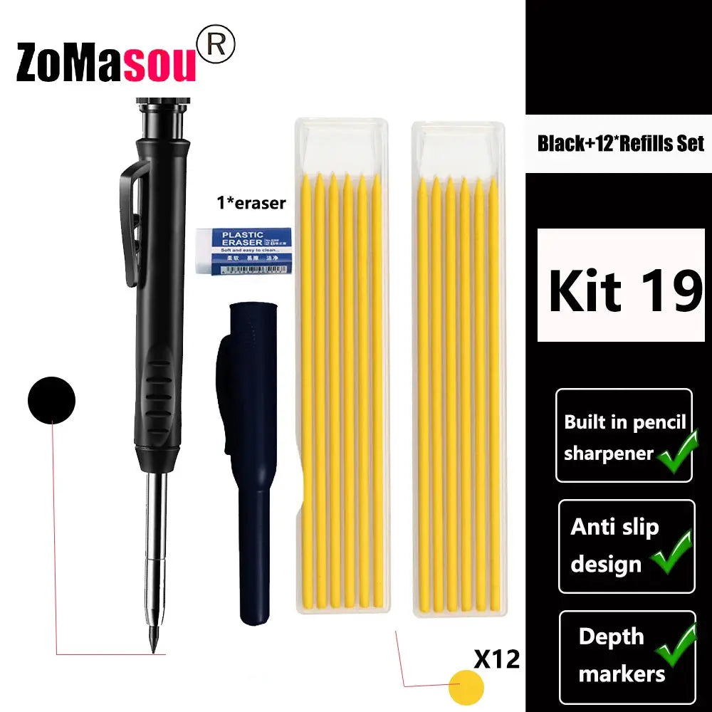 Carpenter mechanical pencil kit by ZoMaSou, includes two packs of 12 yellow refills and a sharpener