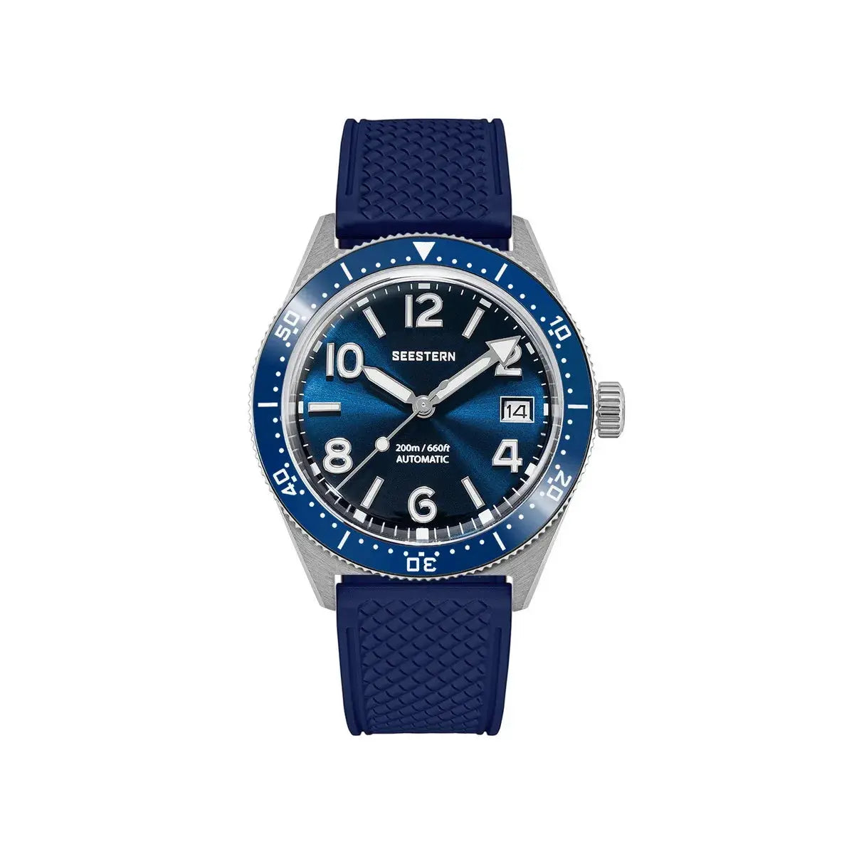 SEESTERN diver watch with blue dial and blue bezel, 200m water resistant, stainless steel case, blue silicone strap