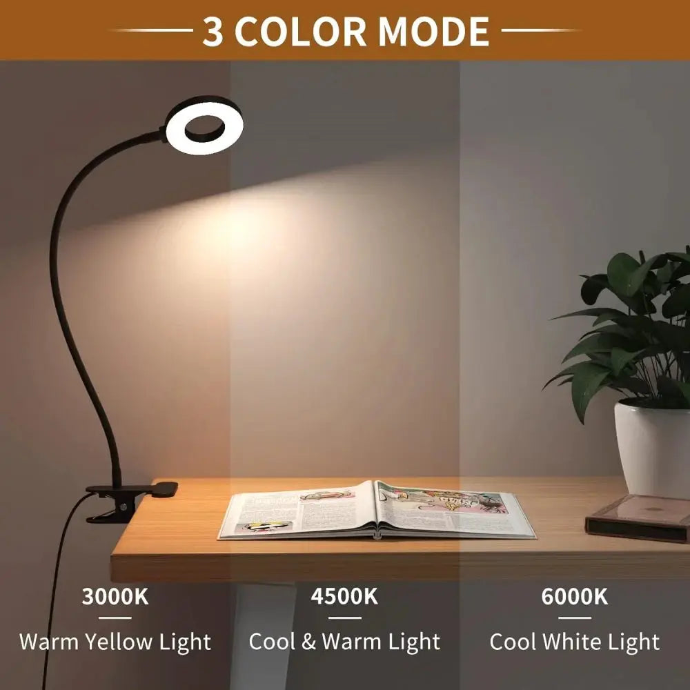 LED Reading Light with Clamp, black gooseneck desk lamp with 3 color modes and 10 brightness levels
