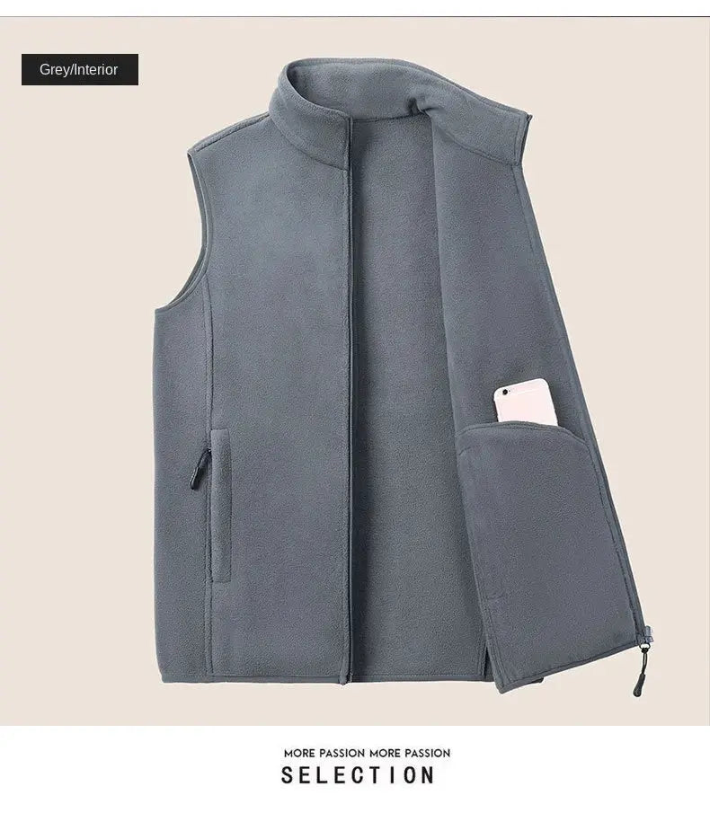 Grey fleece men's sleeveless waistcoat vest with zip pockets and phone in pocket