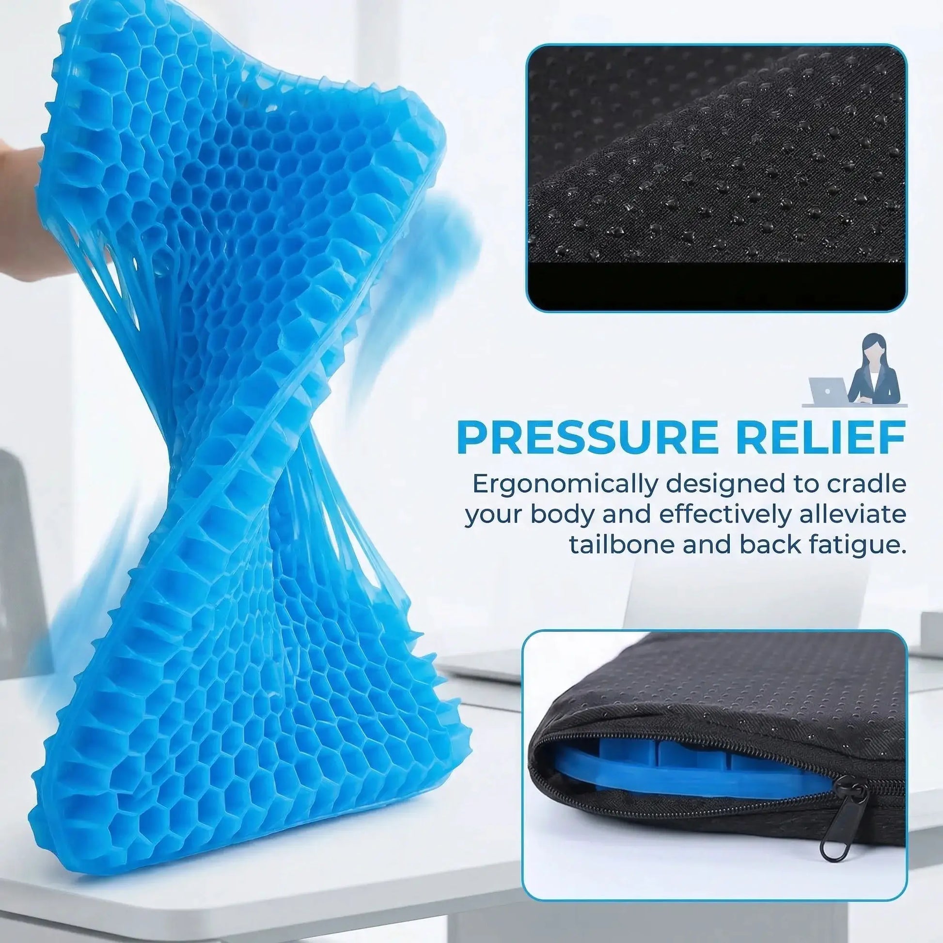 Large blue gel seat cushion with non-slip black cover by Simples Market, honeycomb breathable design for car and office.