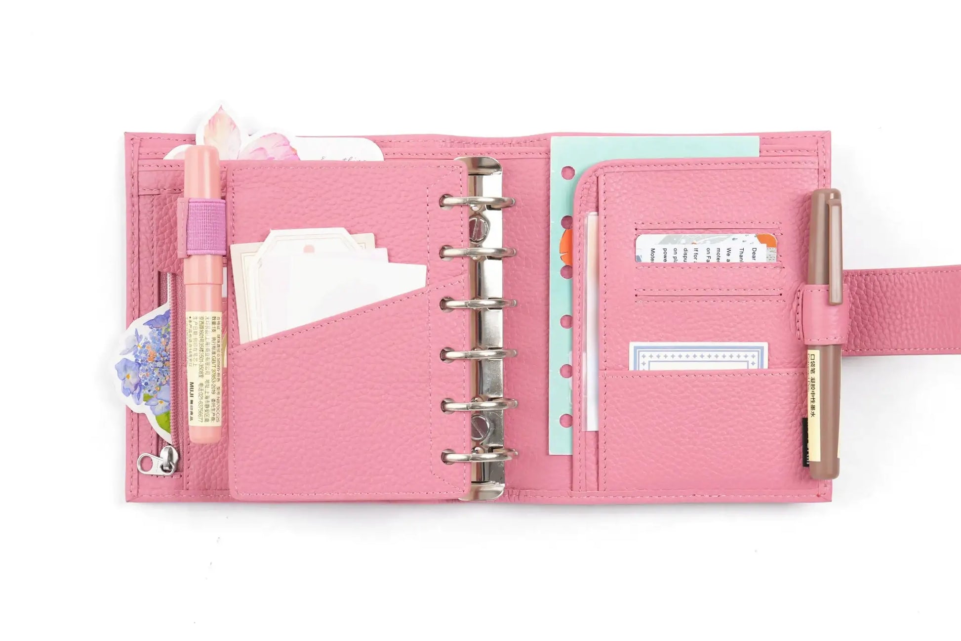 Moterm Luxe 2.0 pink pocket-size planner in pebbled leather with 30mm rings and card pockets