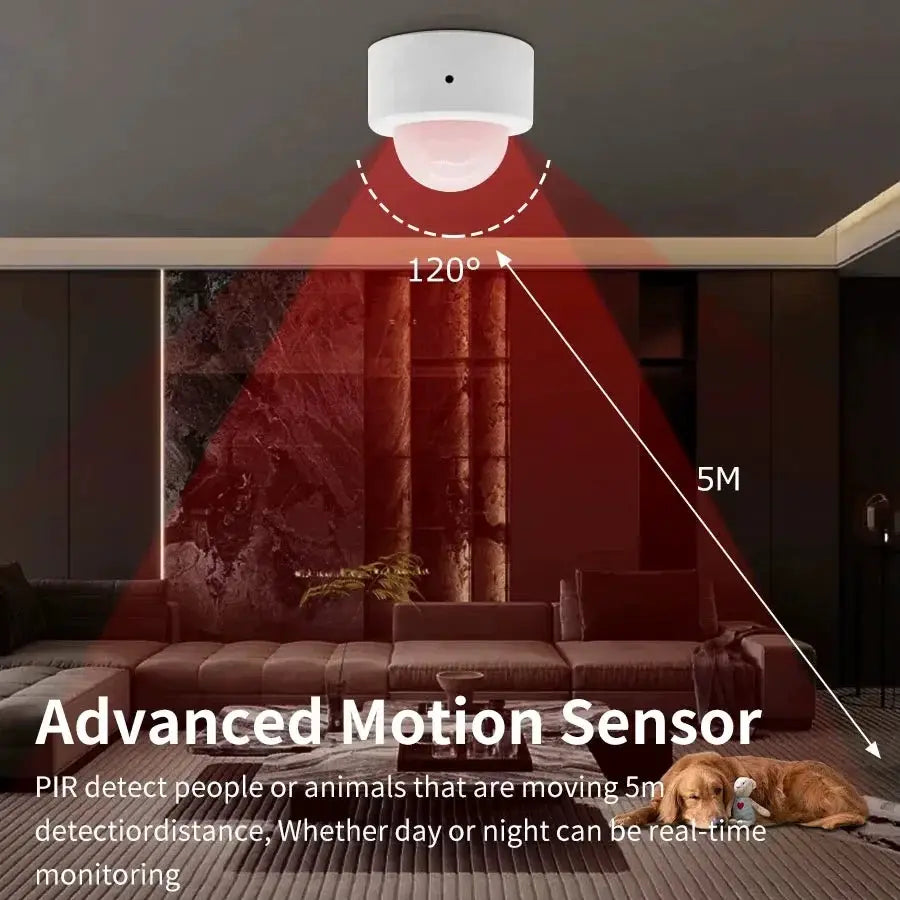 Zigbee PIR Motion Sensor, white compact ceiling detector with 120° coverage up to 5m