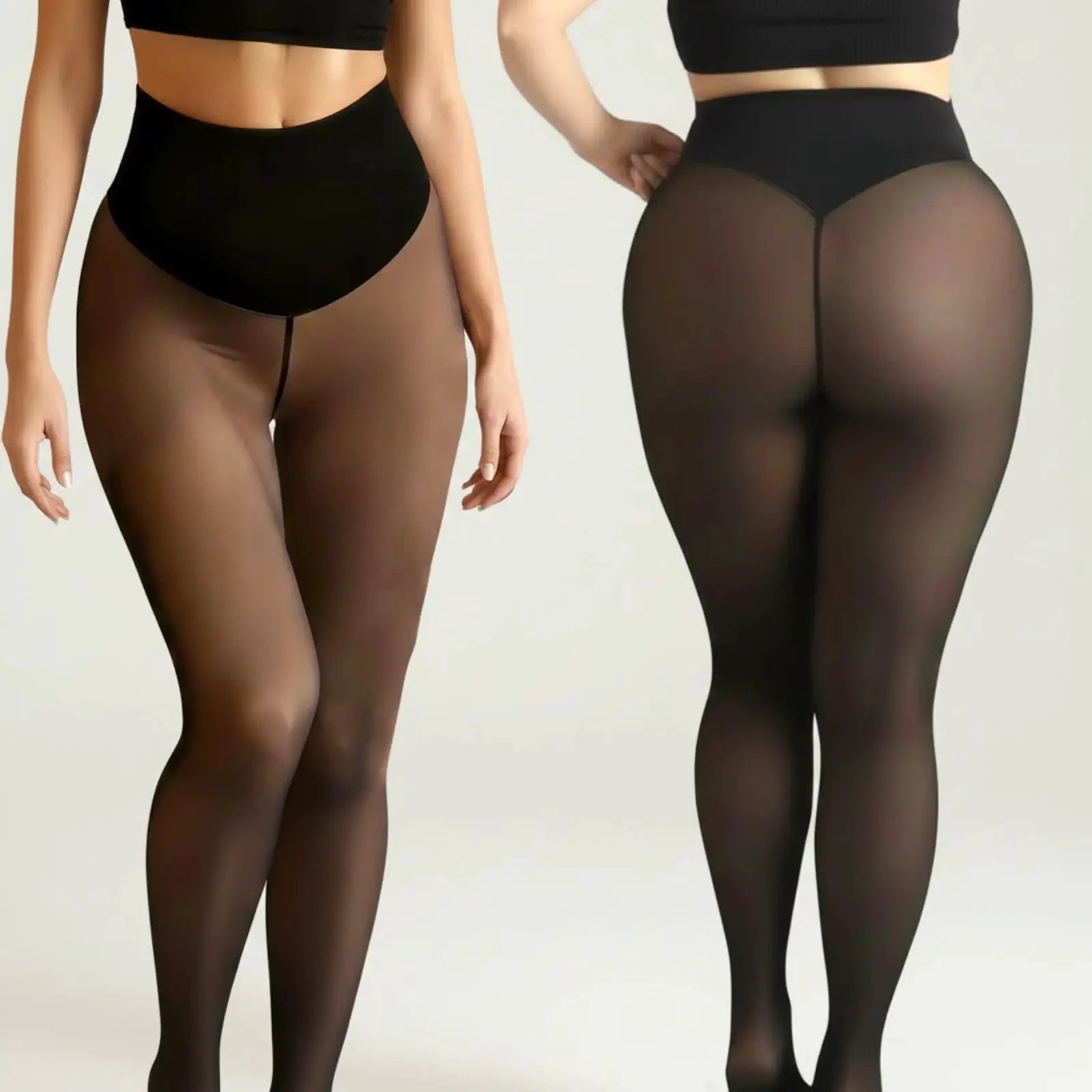 Tights in black; two models shown, one opaque high-waist fit and one sheer pantyhose style
