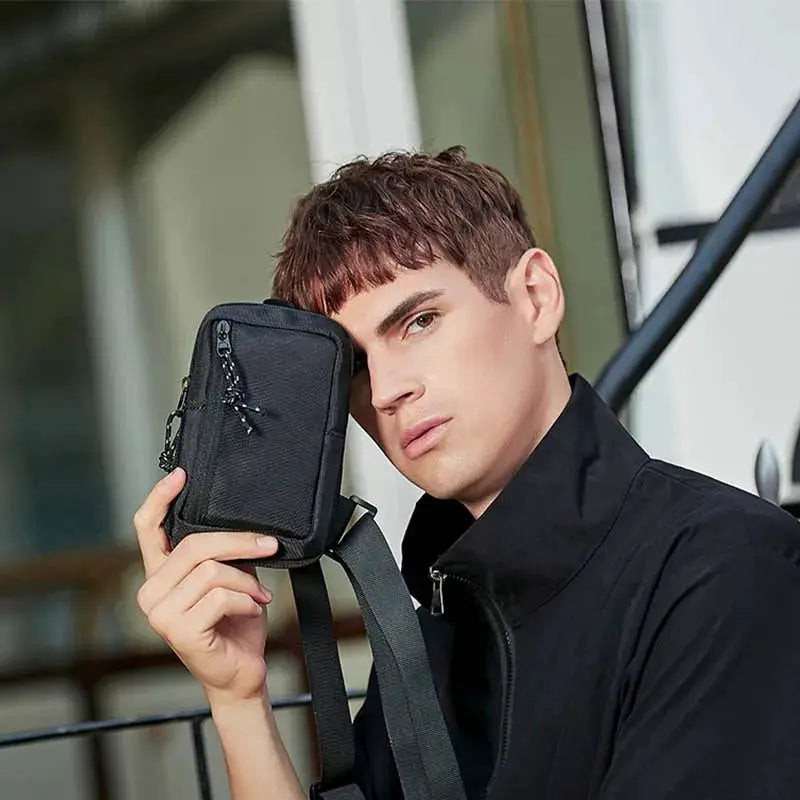 Crossbody bag for men Simples Market mini chest bag, black fabric with gray adjustable strap