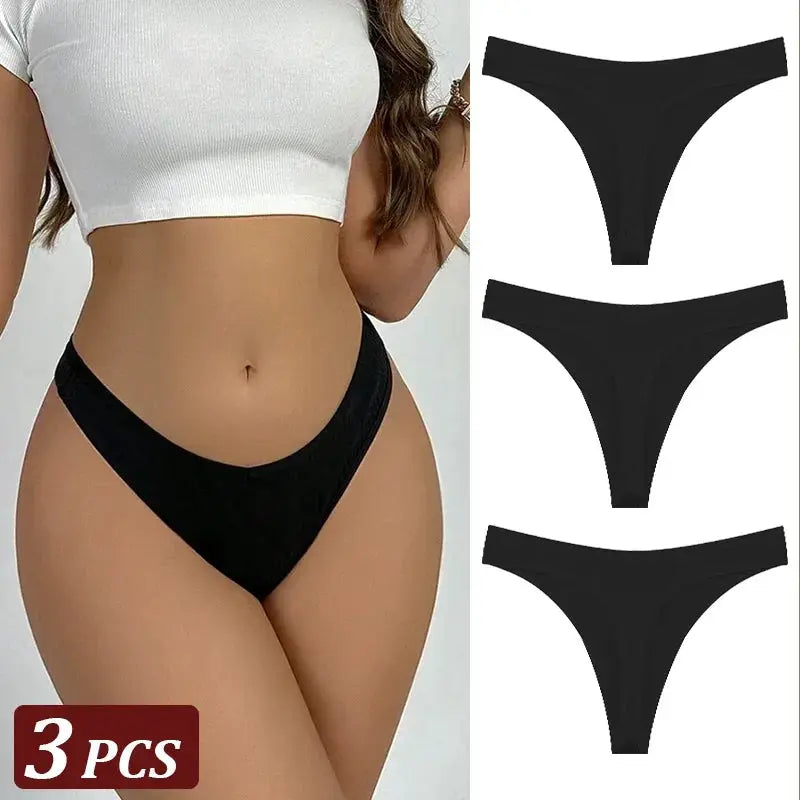 3Pcs seamless cotton thong underwear set for women, black low-rise T-back briefs by Simples Market