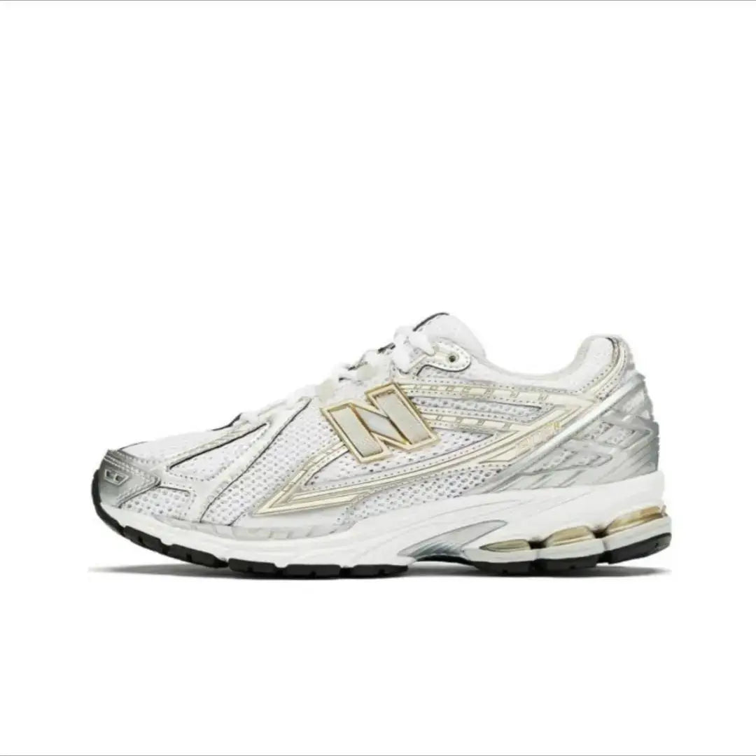 New Balance-inspired retro dad sneaker, white breathable mesh upper with gold logo accents