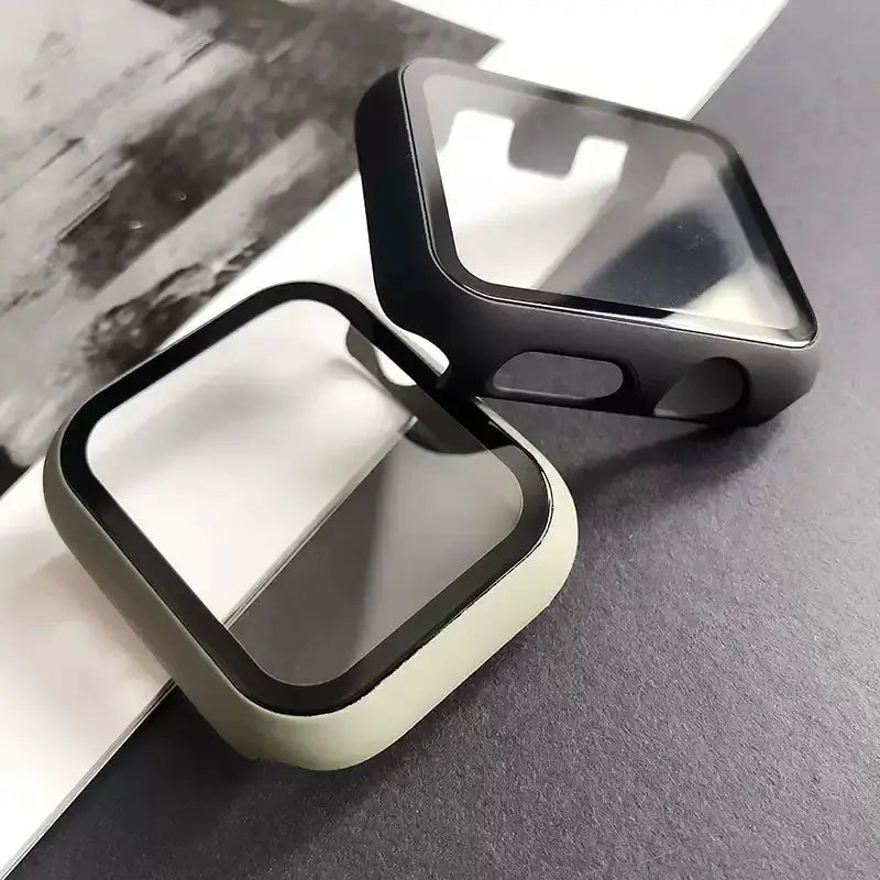 Apple Watch tempered glass case protectors; two protective frames in black and gray-green