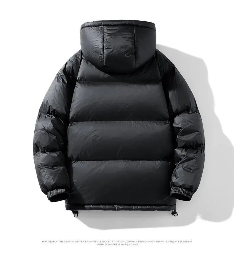 Simples Market men's black hooded down coat with 90% white duck down fill, thick puffer jacket.