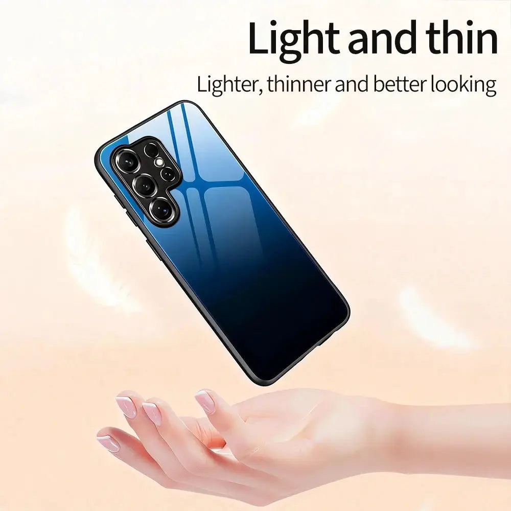 Gradient tempered-glass phone case for Samsung Galaxy S26 Ultra/S26 Plus by Simples Market, blue gradient with shockproof PC bumper