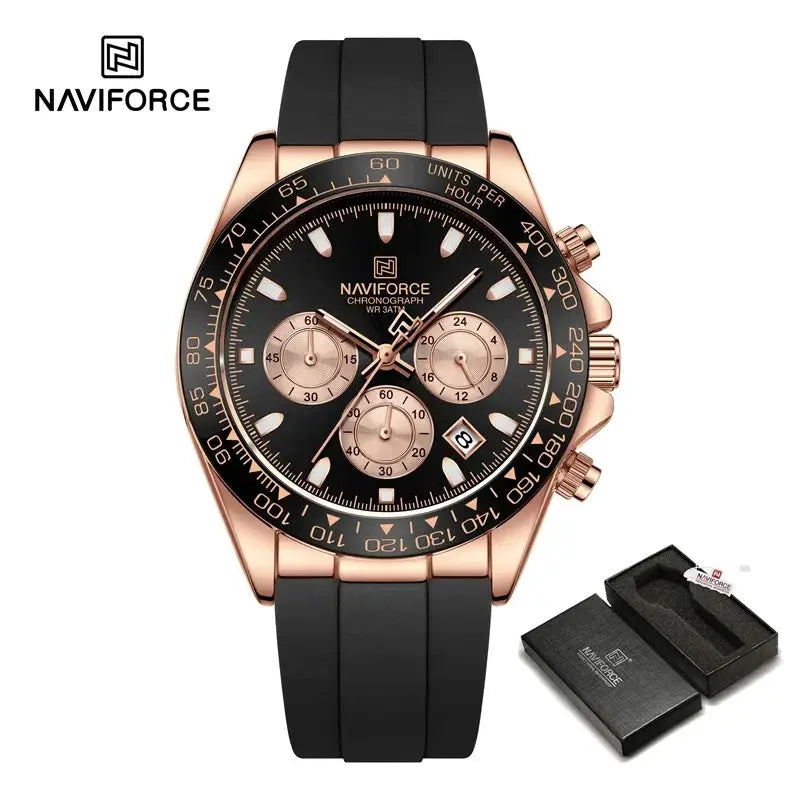 NAVIFORCE NF8054 men's chronograph wristwatch with rose-gold case, black dial and silicone band, includes box.