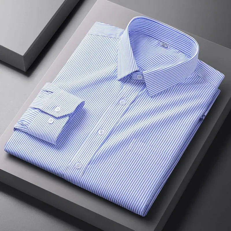 Men's blue and white striped formal shirt, long sleeves, Simples Market, folded for display