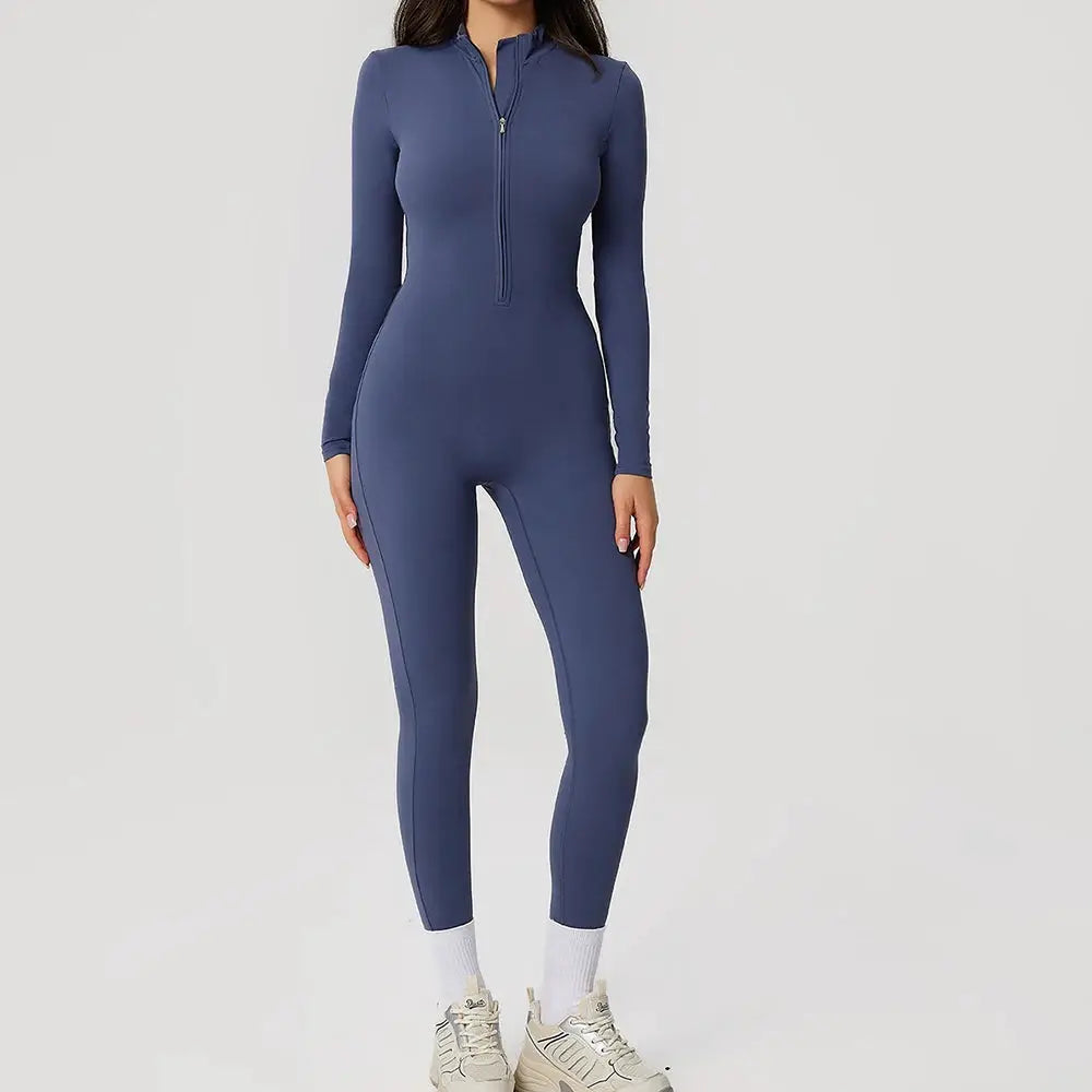ZenMove Yoga Boilersuit For Women Long Sleeve Zipper Jumpsuit Skin Tight Fit Breathable Quick Dry Nylon Elastane