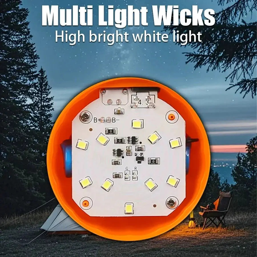 LED camping lantern, orange circular design with multiple LEDs for outdoor use