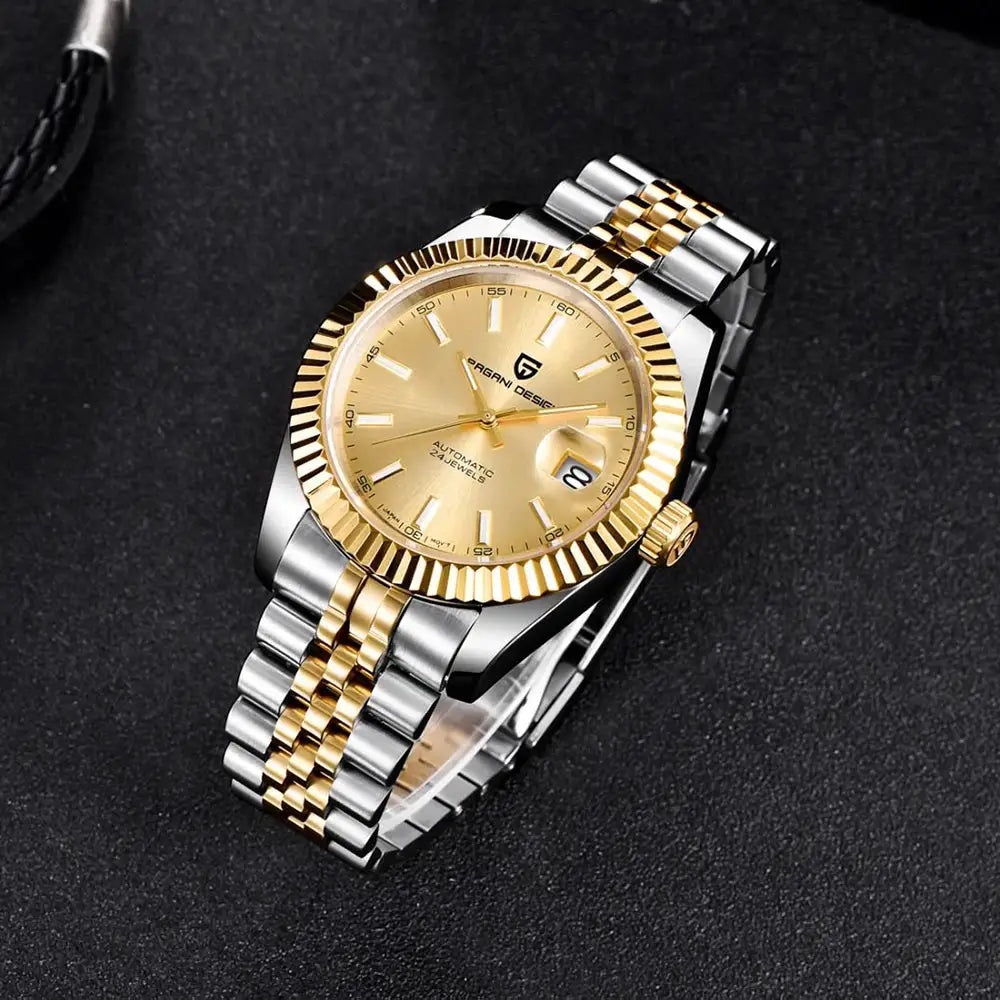 Pagani Design men's automatic watch with two-tone stainless steel Jubilee bracelet and gold dial