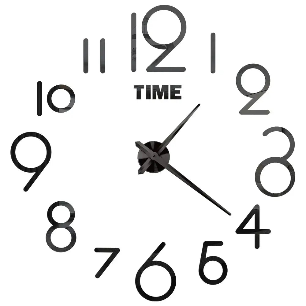 Large wall clock with 3D black numerals around a circular face and central quartz hands, modern acrylic mirror design