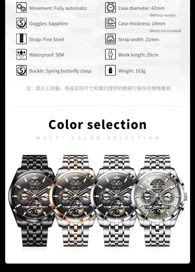 OUPINKE 3251 men's hollow skeleton automatic watch; color options: black, rose-gold/steel two-tone, silver.