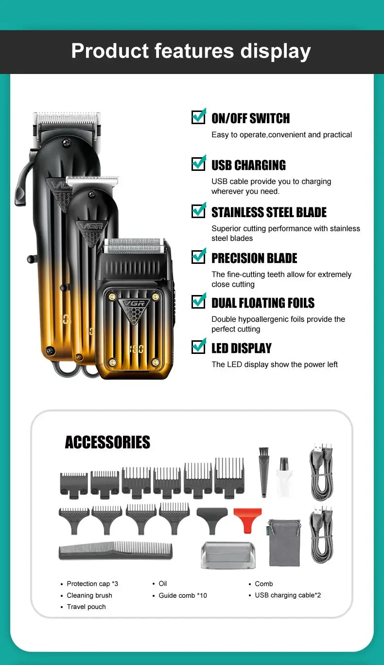 VGR 644 gradient hair cutting kit with rechargeable shaver and clipper by Simples Market, black-orange