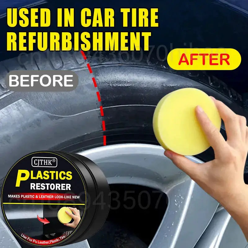 CJTHK Plastics Restorer jar with yellow sponge applicator, car plastics treatment before and after