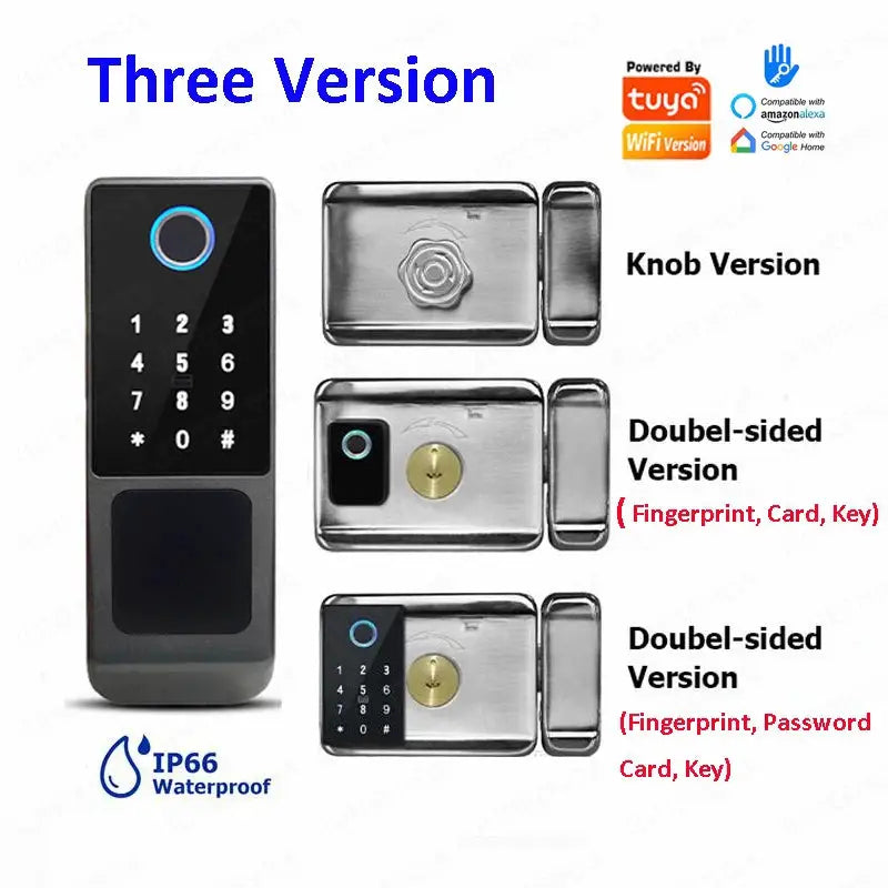 Fingerprint gate door lock, stainless steel finish, TUYA WiFi outdoor waterproof smart lock with remote control