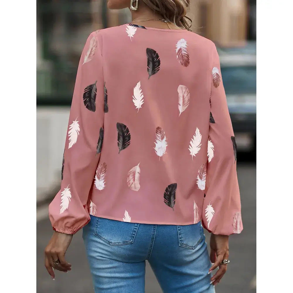 Pink feather-print chiffon blouse for women with long sleeves by Simples Market