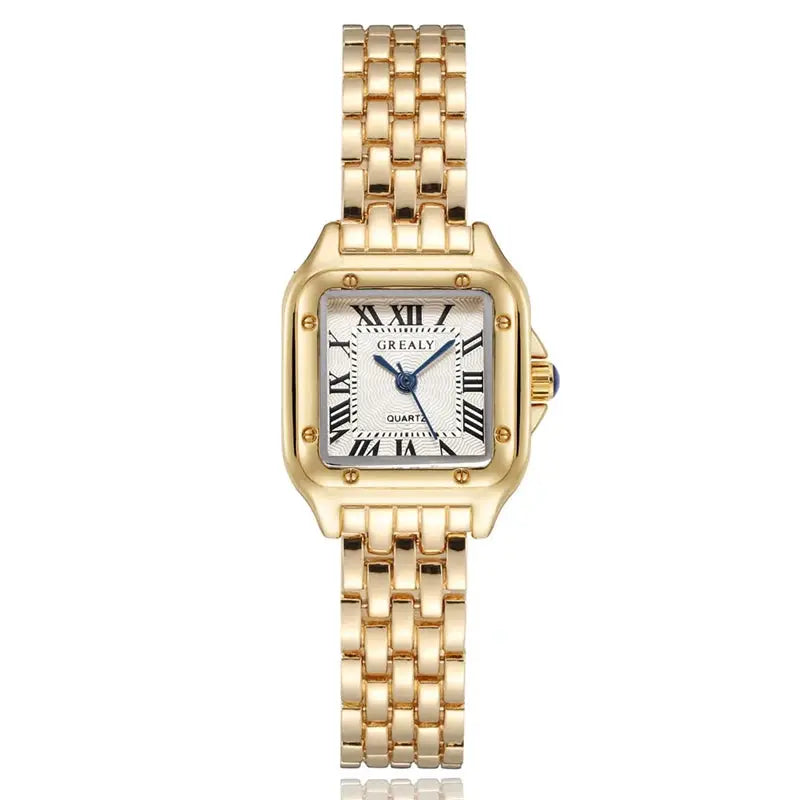 Gold-tone square women's watch on linked bracelet with GREALY dial, blue hands and Roman numerals
