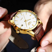 LIGE men's brown leather watch with gold-tone case, white dial, date window, quartz movement
