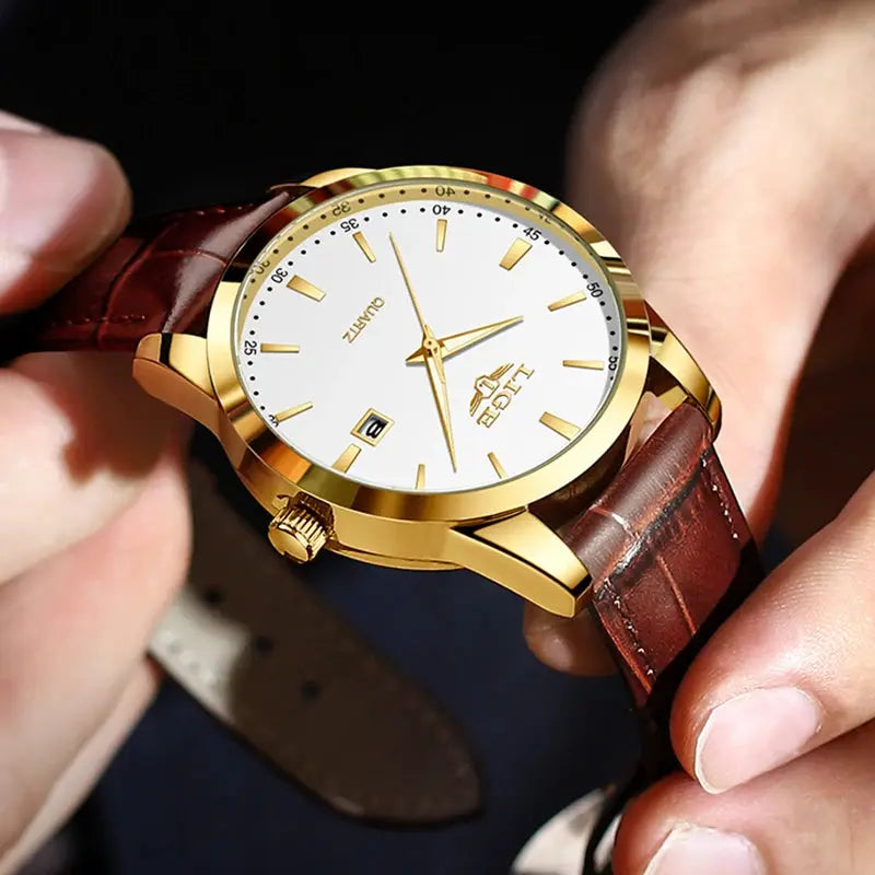 LIGE men's brown leather watch with gold-tone case, white dial, date window, quartz movement