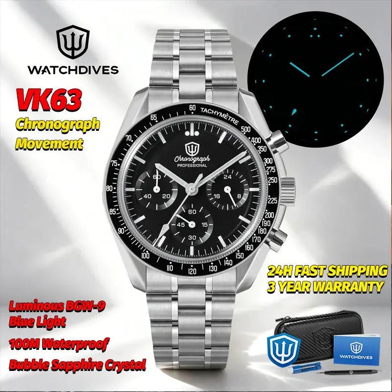 Watchdives WD1863 chronograph watch with stainless steel bracelet, black dial, tachymeter bezel and sapphire crystal