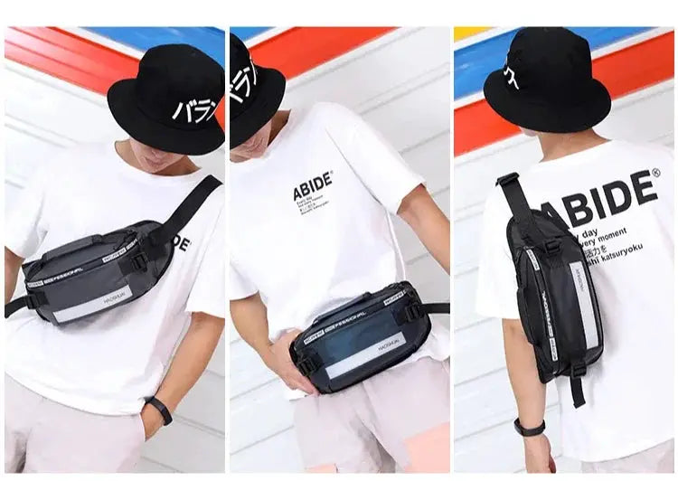 Simples Market nylon anti-theft waist bag, large-capacity fanny pack; black-gray with strap, worn as belt or crossbody.