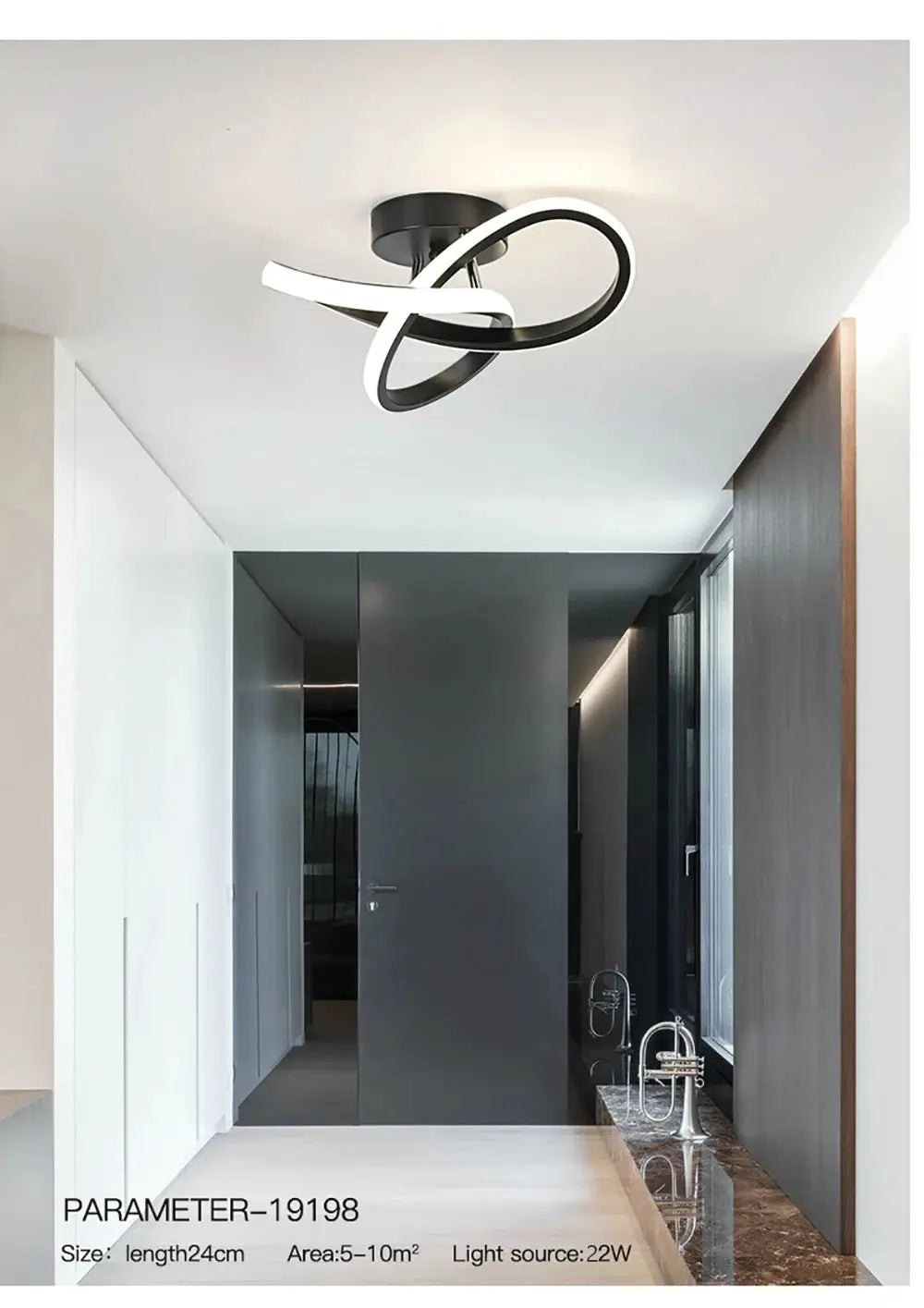 Modern LED aisle ceiling light fixture with black-and-white intertwined loops, surface-mounted in a hallway.