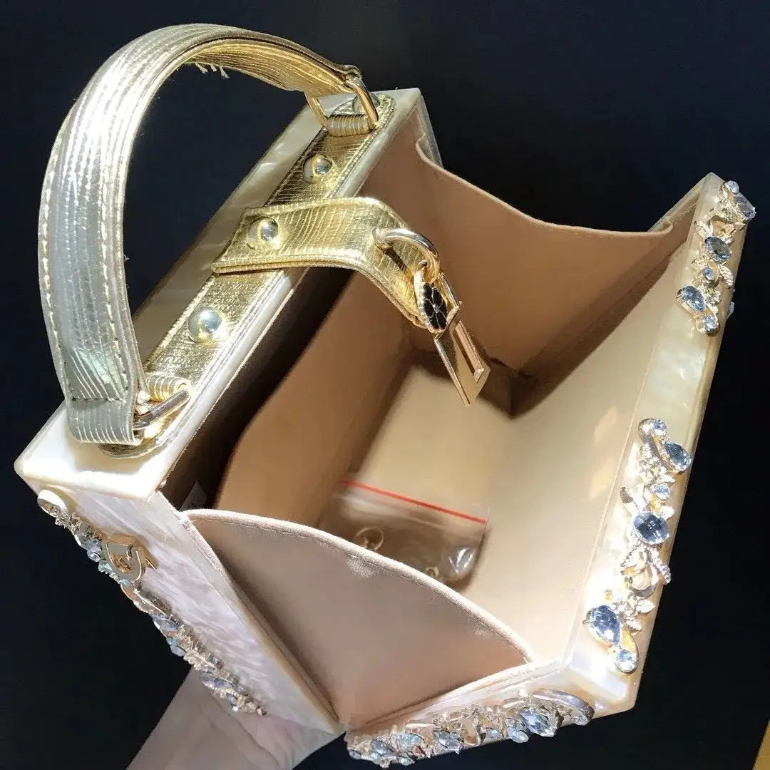 Evening bag box clutch Crystal-embellished gold-tone with hollow metal flower motif and diamond accents