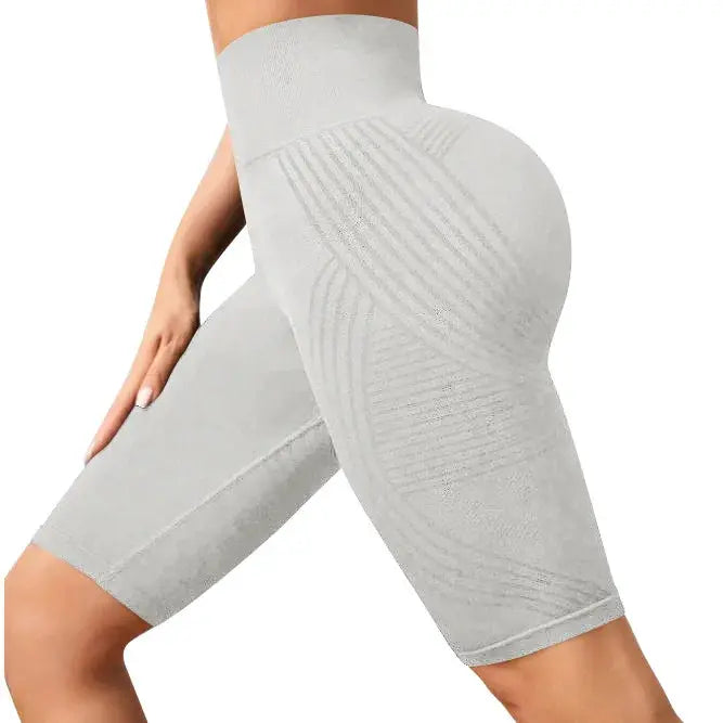 Simples Market high-waisted seamless yoga shorts, light gray knitted fabric, hip-lift, mid-thigh fit