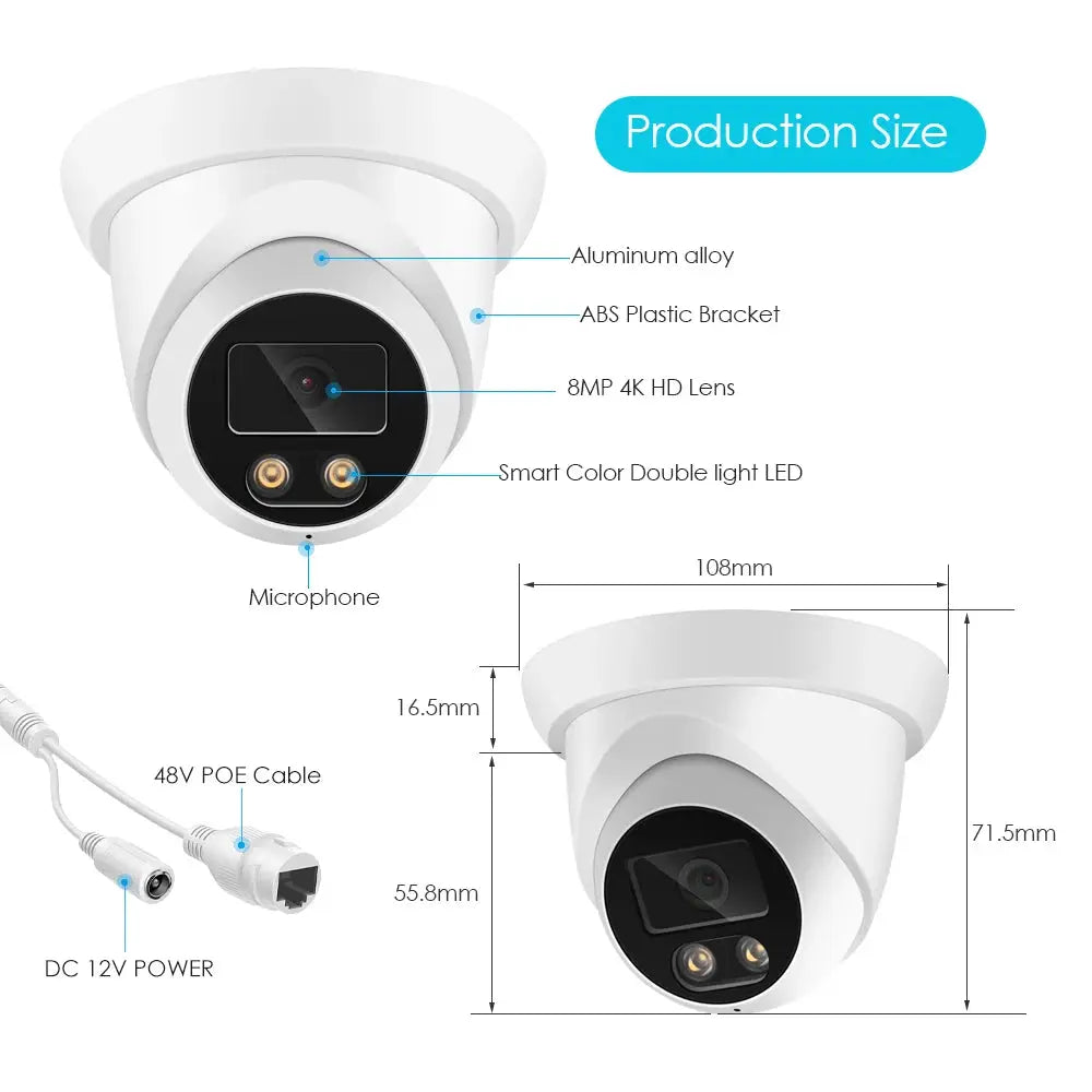 Simples Market 8MP 4K IP dome camera for outdoor POE with AI color night vision, 2.8mm lens