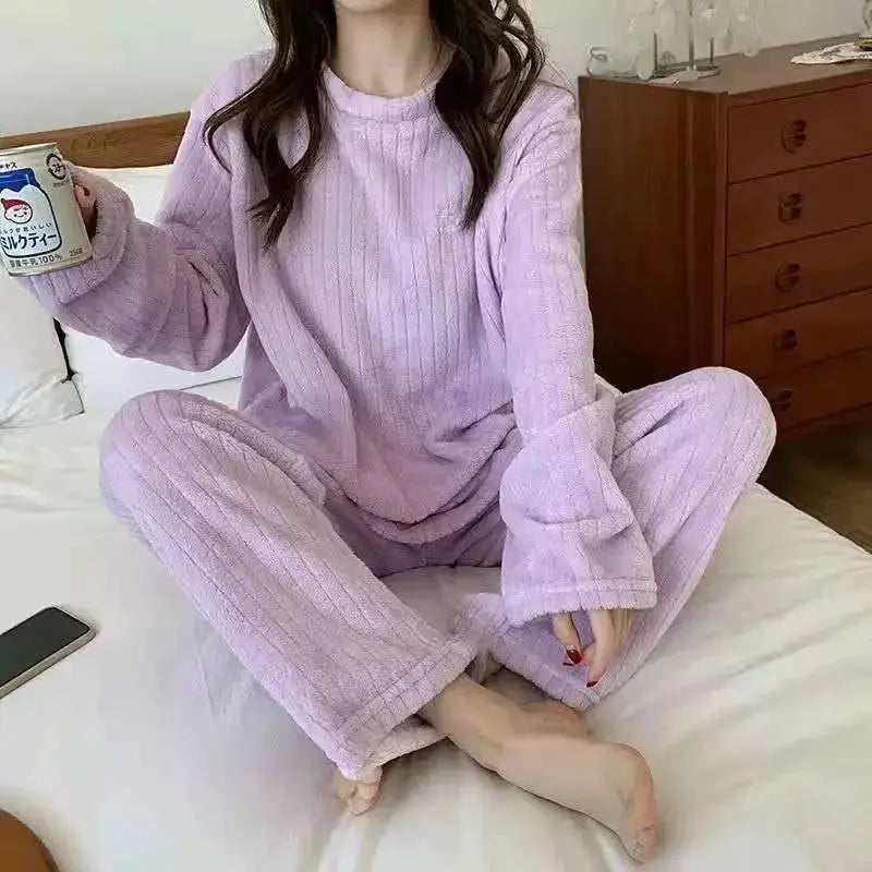 VelvetLuxe Soft Coral Velvet Jacquard Pajama Set With Ultra Warm Fleece Lining For Women Winter Comfort