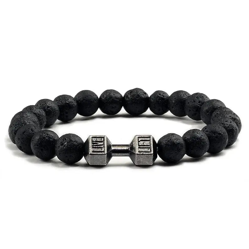 Natural Volcanic Stone Bracelet For Men And Women Matte Black Lava White Beads Dumbbell Charm Strand Fitness Jewelry