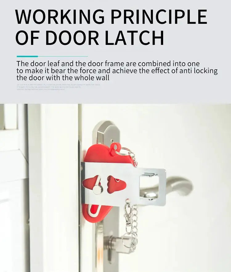 Portable door lock latch by Simples Market; silver metal with red insert for travel security, no-drill.