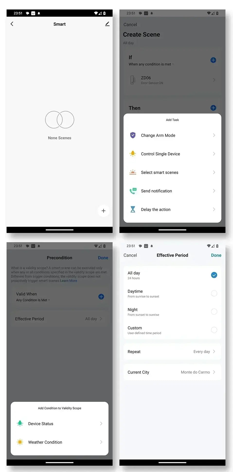 Tuya Zigbee door/window contact sensor by Simples Market; app screens showing smart scenes and automation setup.