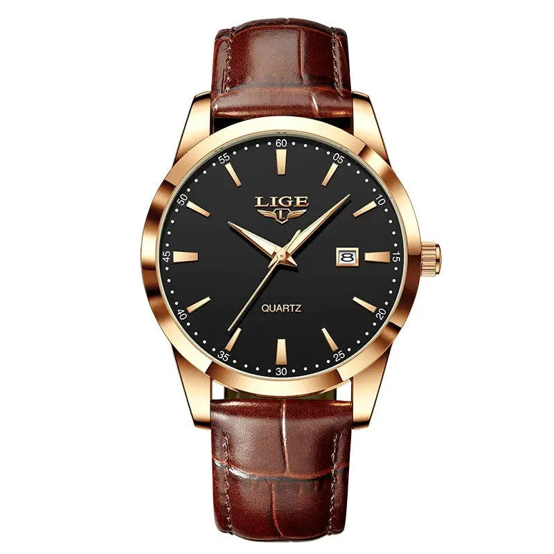 LIGE men's quartz watch with brown leather strap, black dial, gold-tone case