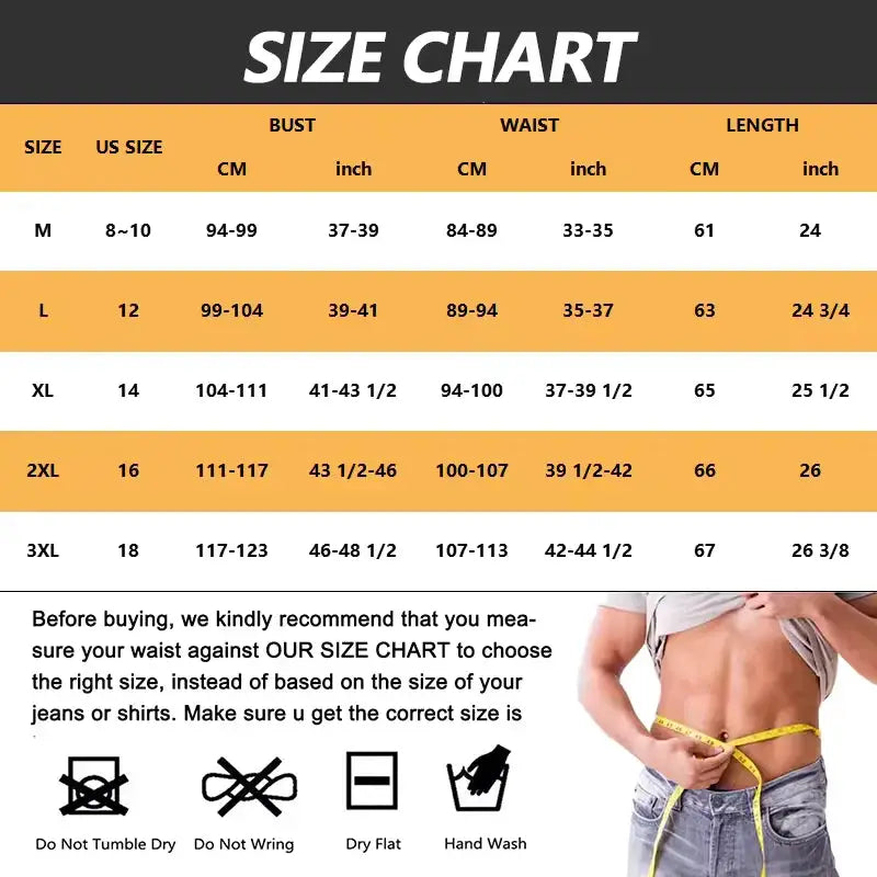 Men's shapewear tank top by Simples Market - size chart with waist measurements and waist-tape photo
