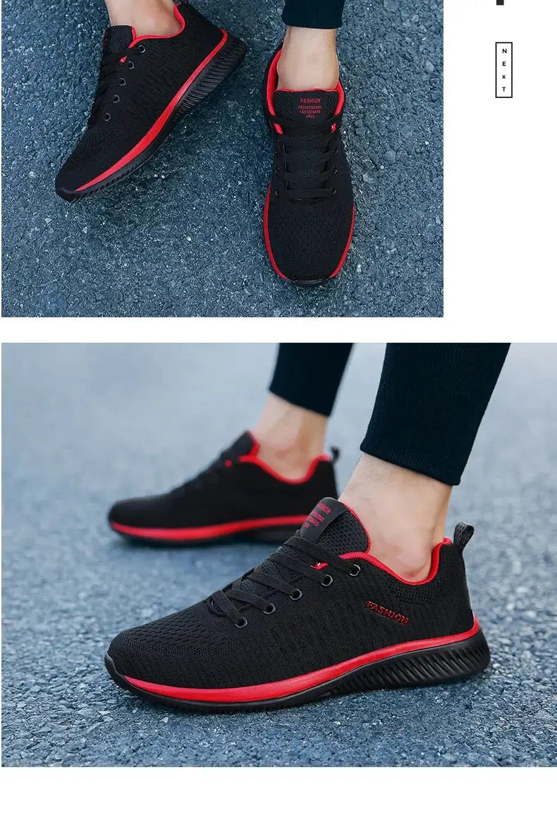 Simples Market knit running sneakers; pair of black breathable mesh shoes with red trim, lightweight athletic design.