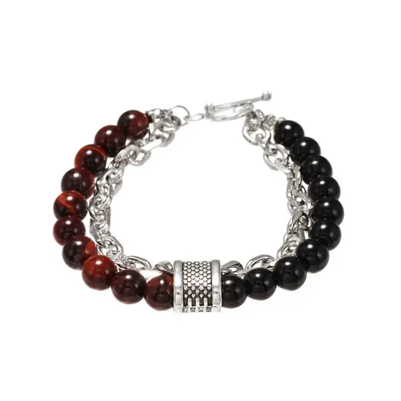 Fashion Punk Frosted Stone Chain Geometric Double Layer Beaded Bracelet Stainless Steel All Match Trend Accessory