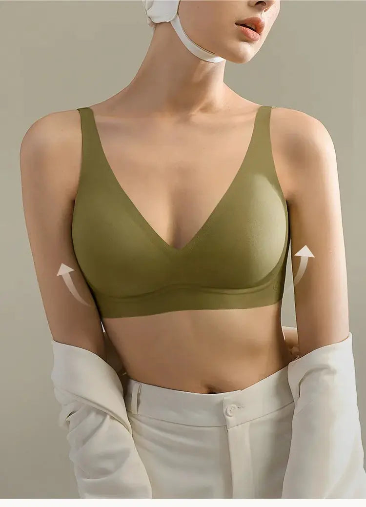 SUJIIN olive green seamless wireless bralette by Simples Market with V-neck and soft support.