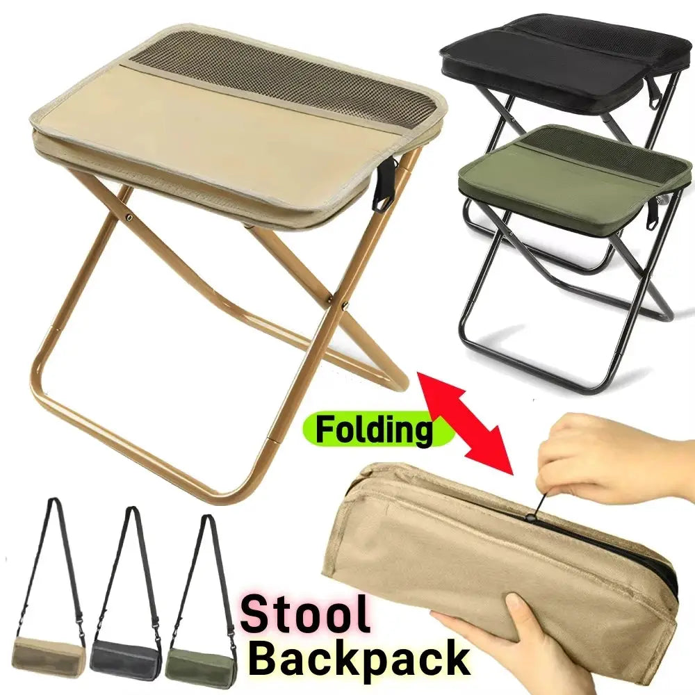 Simples Market folding stool backpack; beige portable camping chair with mesh top and carry strap, multiple colors
