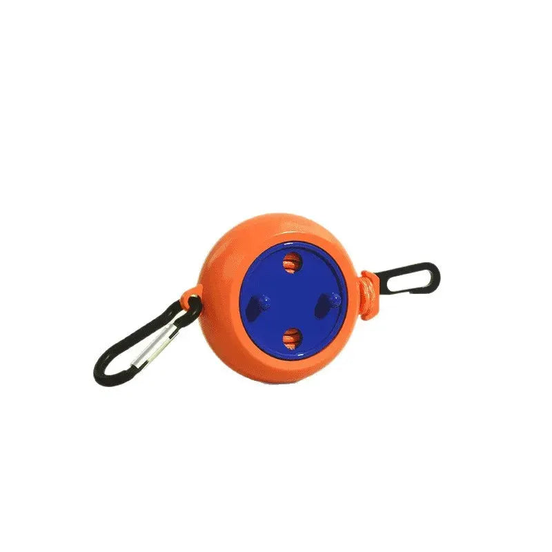 Portable retractable clothesline with orange housing and blue center, equipped with two black carabiners.