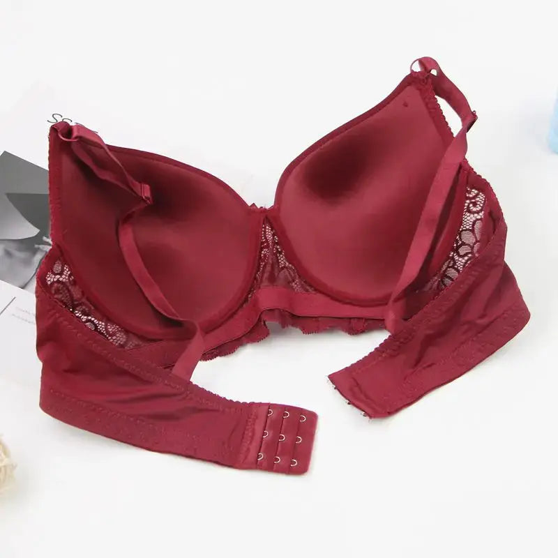 Bra red lace push-up underwire with adjustable straps and wide lace sides.