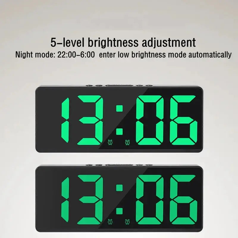 Two black LED digital alarm clocks with bright green digits showing 13:06