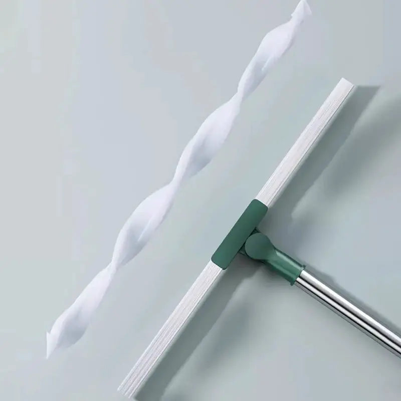 Silicone scraper broom squeegee with green connector and white blade on metal handle