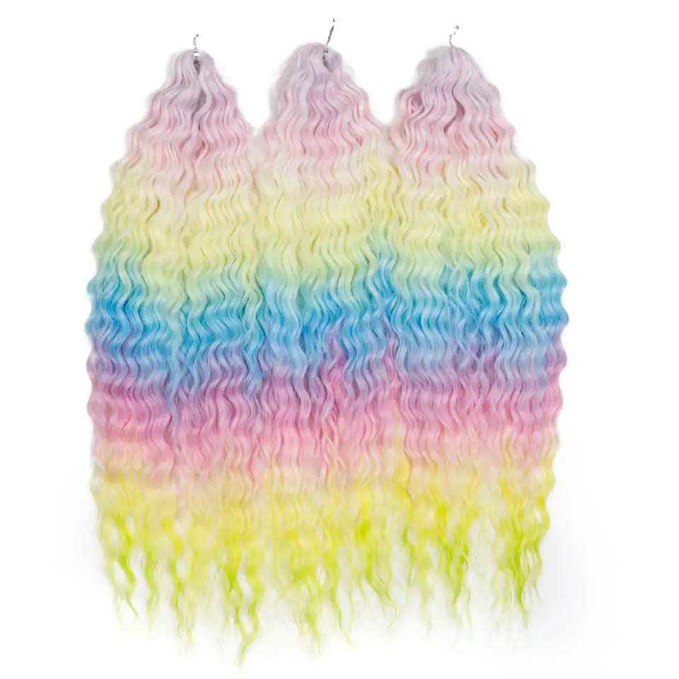Ariel Synthetic Twist Crochet Hair, three 22in bundles in ombre rainbow water-wave curls